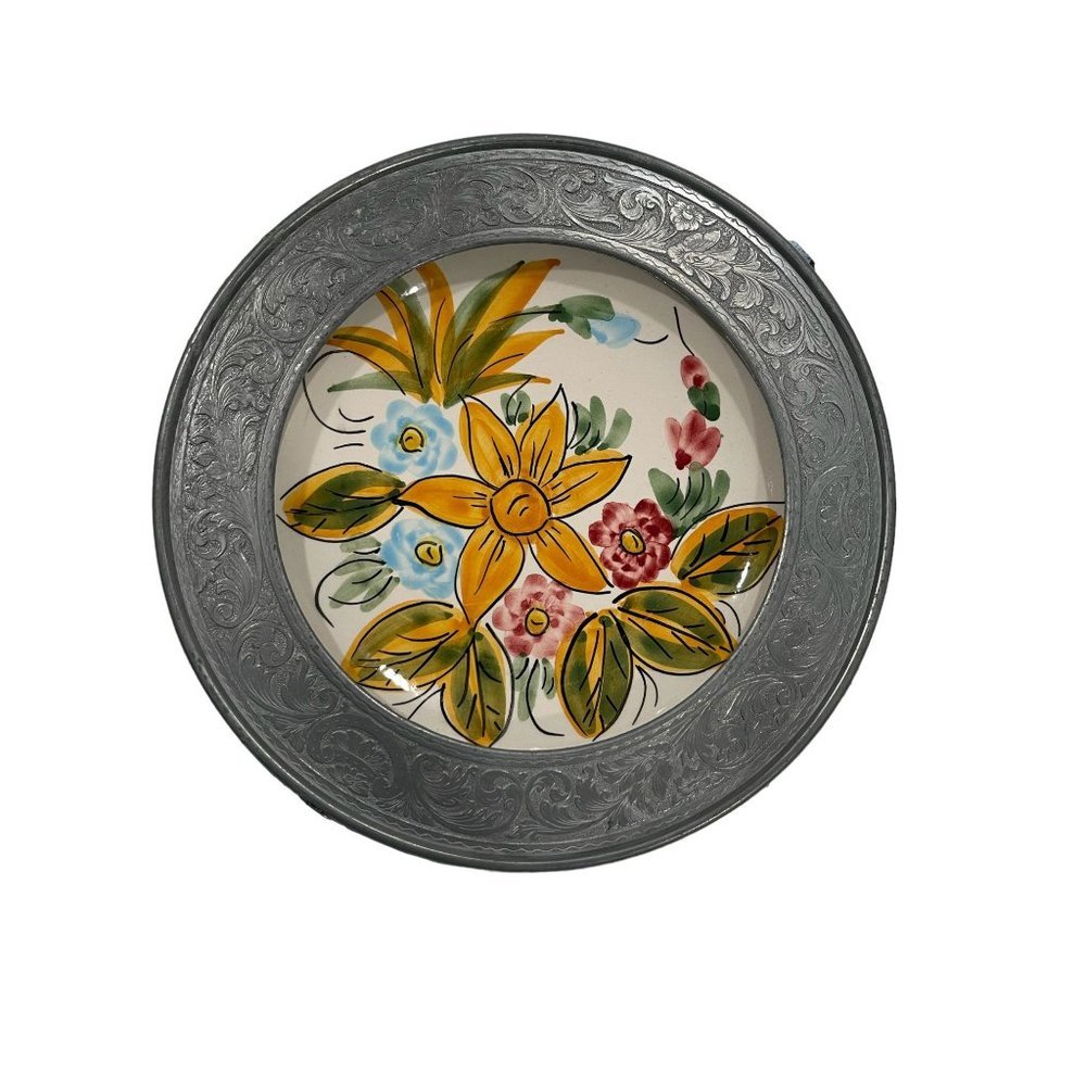 Vintage Handgemalt Hand Painted Ceramic w/ Pewter Rimmed Wall Plate